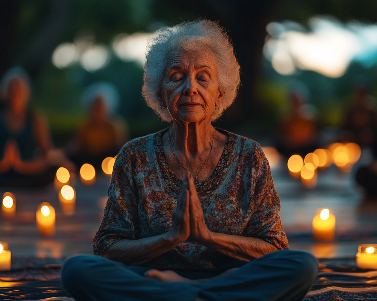 Инструктор демонстрира нежна йога поза на група зрели участници